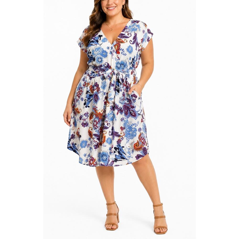 DR2 Floral Paisley V-Neck Dress Belted Pocket Dress Blue Purple White Size XL